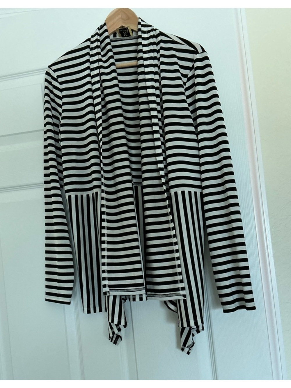 Kasper Black and White Striped Open Cardigan